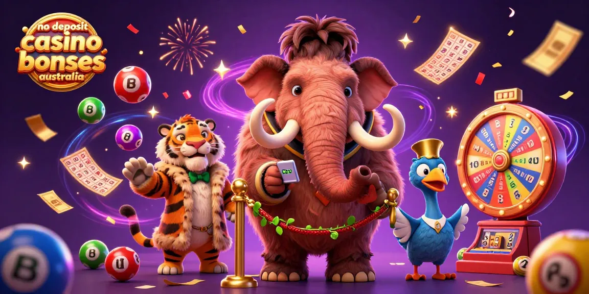 No deposit casino bonuses in Australia featured in a vibrant 3D illustration of a woolly mammoth bouncer and a saber-tooth tiger VIP.
