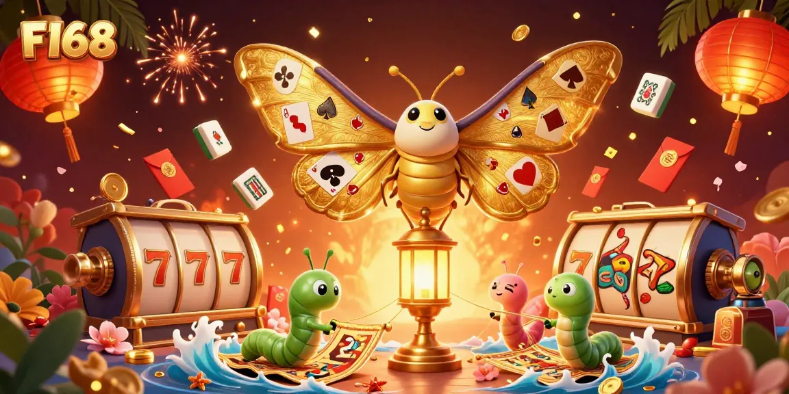 Experience the thrilling games at F168 with an enchanting illustration showcasing golden-winged characters and vibrant casino elements.