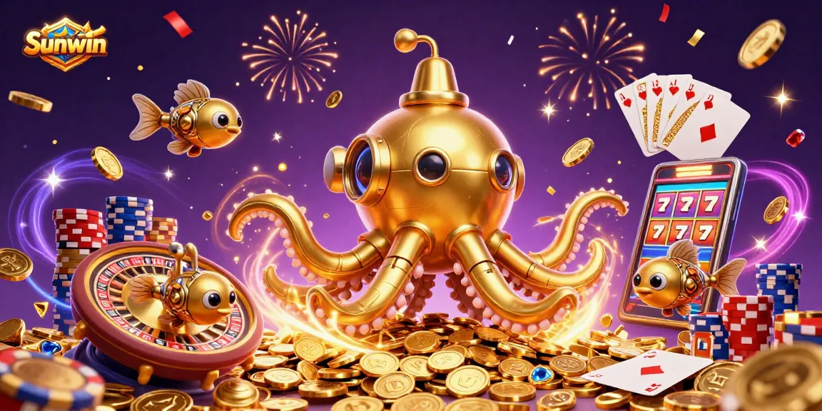 Experience Sunwin's thrilling world with golden kraken and sparkling gems in this lively casino scene.